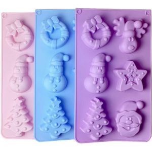 Moule En Silicone De Noël, Pack De 3 Moules En Silicone De Noël, Formes De Père Noël, Renne, Bonhomme De Neige, Arbre De Noël, Étoiles, Cloches, Moules À Pâtisserie - Rose, Bleu, Violet - Neuf
