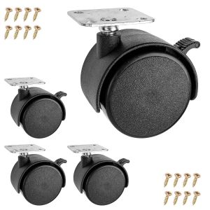 Kit de roulettes de meuble, 4 pi&egrave;ces, en noir, roulette &Oslash; 50 mm, hauteur totale 64 mm, plaque &agrave; visser 38 x 38 mm avec rotation de 360&deg;, roulettes pivotantes &agrave; visser - Neuf