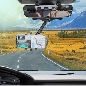 Support T&eacute;l&eacute;phone Voiture pour R&eacute;troviseur, Support Multifonctionnel Rotatif et R&eacute;tractable pour T&eacute;l&eacute;phone Portable, R&eacute;glage de la Rotation &agrave; 360&deg; pour Tous Les Mobiles et V&eacute;hicules - Neuf