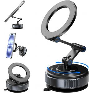 Support T&eacute;l&eacute;phone Voiture Magn&eacute;tique [Triple Pliable] [Ventouse Vide] 360&deg; R&eacute;glable Porte T&eacute;l&eacute;phone Voiture Aimant&eacute; pour Tableau de Bord, Pare-Brise, &Eacute;cran, Compatible avec MagSafe - Neuf