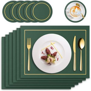 Eryi-Lot De 6 Set De Table En Cuir Pu, 6 Pièces Sets De Table Et 6 Pièces Dessous De Verre, Lavable Antidérapant Imperméable Résistant À La Chaleur Rectangulaire Set De Table, 41 × 31cm (Vert) - Neuf