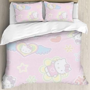 Parure De Lit 3 Pieces Hello Cat Kitty Kawaii, Housse De Couette Ultra Douce, R&eacute;versible Et Respirante, Imprim&eacute;e En 3d, En Microfibre, Avec Housse De Couette Et Taies D'oreiller - Neuf