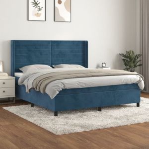 3132751 Vidaxl Lit À Sommier Tapissier Et Matelas Bleu Foncé 160x200cm Velours - Neuf