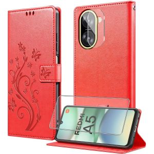 CAUC-Coque pour Xiaomi Redmi A5 4G avec 1 Verre Tremp&eacute;,1 Protection Camera,&Eacute;tuis Rabat [Housse en Cuir PU][Fentes pour Cartes][Pochette de Portefeuille][Stand Feature]- Rouge - Neuf