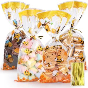 100 Pièces Sachet Plastique Sac D'emballage De Bonbons De Petite Abeille, 4 Modèles Sachet Bonbons Sachets Transparents Pour Biscuits Pochette Avec Cravates Torsadées Pour Les, 27 X 12,5 Cm - Neuf