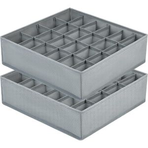 JEXNOVASHOP-Organiseurs de Tiroir pour Chaussettes - Lot de 2 S&eacute;parateurs de Tiroirs Organiseur de Sous-V&ecirc;tements Pliables avec 24 Compartiments, Bo&icirc;tes de Rangement pour Vetements, Culotte, Gris - Neuf