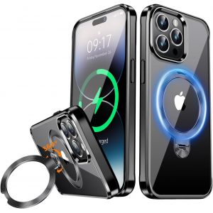 KWEY-[Anneau M&eacute;tallique CD & 360&deg; Rotation Support Invisible] Coque Magn&eacute;tique pour iPhone 14 Pro Max [Compatible Magsafe] [Pare-Chocs Antichoc Galvanis&eacute;] Coque Fine Transparente avec Support u2013 - Neuf