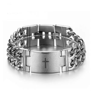 Bracelet Vintage En Acier Inoxydable Avec Croix Et Motif De La Pri&egrave;re Du Seigneur Pour Homme, Taille Ajustable, Disponible En Or, Noir Et Argent. - Neuf