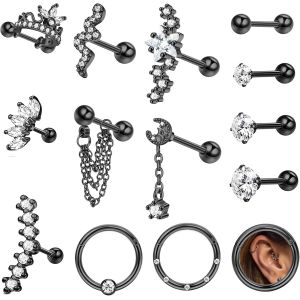 14pièces Lot Boucles D'oreilles Clou Femme Homme Acier Inoxydable 16g Étoile Lune Serpent Vis Arrière Boucles D'oreilles Argent Hypoallergénique Tragus Cartilage Piercing Oreille.[X1443] - Neuf