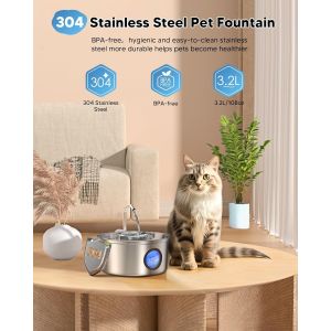 Fontaine A Eau Chat Inox, 3.2l Distributeur Avec Fen&ecirc;tre Transparente, Fontaine Chat Avec Bol Amovible En Inox, Ultra Silencieux, Syst&egrave;me De Filtration &Agrave; 5 Couches, 3 Filtres Inclus - Neuf
