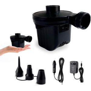 Pompe à air électrique, portable et à remplissage rapide, avec 3 buses pour matelas pneumatiques, bateaux, bouées et matelas gonflables. Compatible avec adaptateur allume-cigare. - Neuf