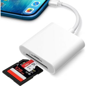 Lecteur de Carte SD pour iPhone iPad, Lightning Adaptateur de Carte SD pour iPhone avec Double Fente pour Micro SD/SD, Lecteurs Carte M&eacute;moire Externes pour iPhone 14/13/12/11/XS/XR - Neuf