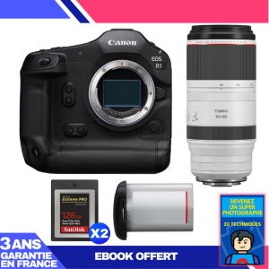 Boitier Canon EOS R1 + RF 100-500mm f/4.5-7.1 L IS USM + 2 SanDisk 128GB Extreme PRO CFexpress Type B + Canon LP-E19 + Ebook 'Devenez Un Super Photographe - Neuf