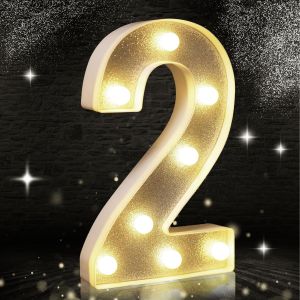 Eryi-Lumière Led En Forme De Chiffre 2 À Paillettes Argentées, Convient Pour Décoration De Fête D'anniversaire, Fête Prénatale, Fond De Mariage, Décoration D'intérieur, 21,6 Cm (Blanc Chaud) - Neuf