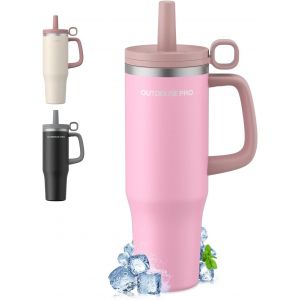 Tianyi-Mug Isotherme Avec Paille Et Poignée 1200ml, Thermos Isotherme En Acier Inoxydable Avec Couvercle Étanche, Mug De Voiture, Tasse Isotherme Café Pour Boissons Chaudes Ou Glacées, Rosa - Neuf