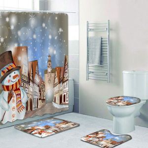 Ensemble De 4 Joyeux No&euml;l Rideaux De Douche Avec Antid&eacute;rapant Tapis, Toilette D'un Couvercle Et Tapis De Bain, De No&euml;l De Bonhomme De Neige Ch&acirc;teau De Rideaux De Douche Avec 12 Crochets, No&euml;l Rideau - Neuf