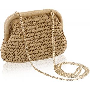 Pochette en Paille pour Femmes,Sac de Paille de Plage D'&eacute;t&eacute;,Pochette de Boulettes de Nuage Sac &agrave; Main &agrave; Bandouli&egrave;re en Paille pour Parti Mariage Plage Vacances,Khaki - Neuf