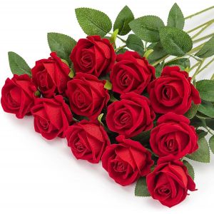 12 Pi&egrave;ces Rose Artificielle, 51 cm Fleurs Artificielles Deco, Rose Eternelle, R&eacute;alistes Fleur Sechees Decoration, Decoration Voiture Mariage, pour Mariage, Bouquets de Mari&eacute;e (Rouge Vif) - Neuf