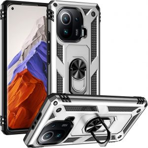 Kal-Coque Pour Xiaomi Mi 11 Pro + Hd Verre Trempé, Silicone Souple Et Pc Dur Armor Protection Résistante, Anti-Choc, Anti-Rayure, Etui Housse Avec Support Kickstand,Argent - Neuf
