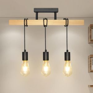 Subzonal-Plafonnier Bois, 3 X Douille E27, Max. 60 Watt,Luminaire Plafonnier Hauteur Max. 81 Cm (Réglable), Plafonnier Industriel Pour Table De Salle À Manger, Cuisine, Salon, Salle À Manger - Neuf