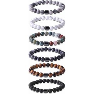 Eryi-6 Pièces Bracelet Pierre Naturelle 8mm Bracelet Perle Pour Homme Bracelet Pierre Précieuse Bracelet Oeil De Tigre Bracelet Pierre Volcanique De Lave Yoga Bracelet Élastique Bijoux - Neuf