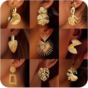 Chenquansarl-9paires Boucle D'oreille Clip Pour Femmes Non Perc&eacute;es Plaqu&eacute; Or Argent Grande Boucle D'oreille Feuille G&eacute;om&eacute;trie De Ensemble - Neuf