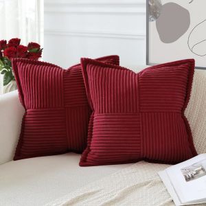Tianyi-Lot De 2 Boho Housse De Coussin En Velours C&ocirc;tel&eacute; Crois&eacute; Canap&eacute; Taie D'oreiller En Velours Douce Pour Maison Salon Chambre Decorative Bordeaux 60 X 60 Cm - Neuf