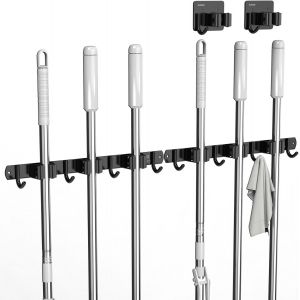 1 Pièce Porte Balai Mural 43cm,Accroche Balai Mural Cintre Acier Inoxydable avec 4 Emplacements et 5 Crochets Sans Percage pour Cuisine, Salle de Bain, Garage et Jardin - Neuf