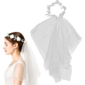 Kalvd-Couronne De Fleur,Voile Mariée Avec Couronne De Fleurs Et Perles,Voile Blanc Simple Et Élégant Pour Accessoires De Cheveux,Festivals De Mariage,Festival Ou Musique - Neuf
