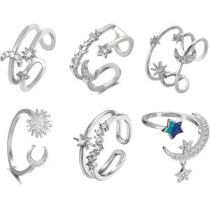 Kahfl-6 Pièces Bague De Lune Et D'étoile Pour Femme Bague De Lune Et D'étoile Réglable Bague Ouverture Bague Zircone Cubique Bague Pouce Vintage Bague Céleste Or Argent Cadeau Pour Femmes - Neuf