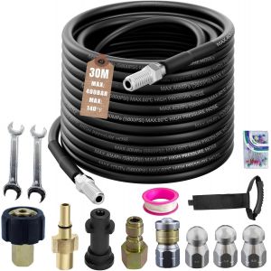 SUBZONAL-30M Déboucheur Canalisation Haute Pression,compatible avec Kärcher k2-k7, Lavor, Bosch, 400 Bar / 5800PSI Tuyau Nettoyeur Haute Pression, Kit Nettoyage Pro avec 4 Buses et 2 Adaptateurs - Neuf
