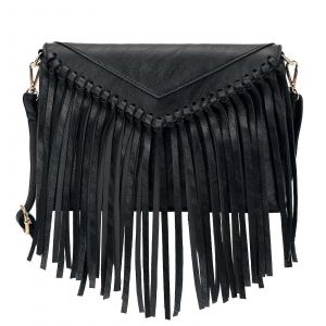 Sac bandouliere a franges en cuir noir, style western, pour femme - Neuf