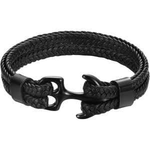 Bracelet Pour Homme En Ceinture De Cuir, Manchette Multicouche Vintage D'ancrage, Cordage Pour Les Hommes, Noir Avec Ancre D'argent - Neuf