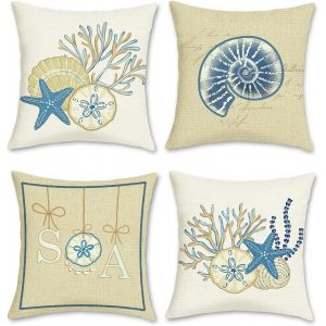 CAUC-Housses de Coussin Nautique C&ocirc;tier Beige Bleu &Eacute;toile de Mer Conque Polyester Taies d&iquest;Oreiller D&eacute;coratives pour Canap&eacute; Lit Maison 45 x 45 cm 4 Pi&egrave;ces - Neuf