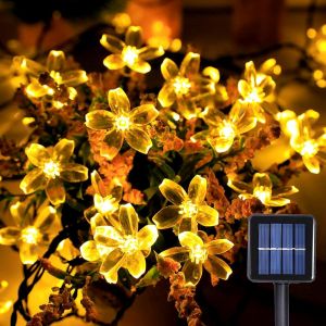 Kal-Solaires À Fleurs Guirlande Lumineuse, 12m 100leds Lampes Solaires Avec 8 Modes Clignotants, Lumiere Décoration Étanche Pour La Fête De L'hôtel Au Bar Du Jardin De La Cour - Neuf