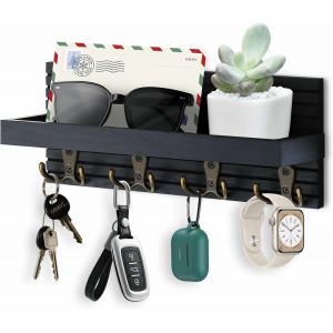 Cauc-Porte Clef En Bois Avec &Eacute;tag&egrave;re, Porte-Cl&eacute;s Mural Avec &Eacute;tag&egrave;re Et 4 Crochets, D&eacute;coration Support Clef Mural Pour Salon, Salle De Bain, Cuisine, Rangement Des Cl&eacute;s Et Courrier &Agrave; L'entr&eacute;e, Noir - Neuf