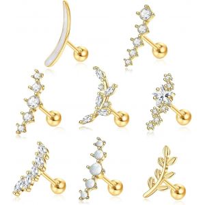 Kal-Bijoux De Piercing Helix, 8 Pièces 16 G En Acier Chirurgical Pour Cartilage De Tragus, Boucles D'oreilles En Forme De Feuille D'opale, Zircon, Pentagramme, Boucles D'oreilles À Dos Plat (Or) - Neuf