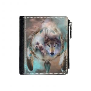 Portefeuille Loup- Rêves de paix=15 Compact en Simili-Cuir PU Porte-Cartes Fermeture Éclair Homme Femme A - Neuf