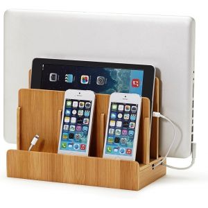 Support de charge,Station de Charge en Bois Chargeur de Bureau Rangement de multi appareils avec socle Organisateur des Cables pour iPhone 11 Pro Max XS MAX XR X 8 7 iPad Smartphones Tablettes Laptop - Neuf