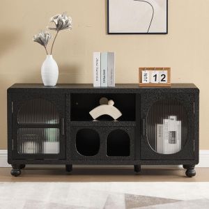 SUBZONAL-Meuble de Rangement avec 4 Compartiments, Buffet Bas avec 2 Portes en Verre, Commode pour Salon/Chambre Pieds en Bois, Style Moderne, Noir - Neuf