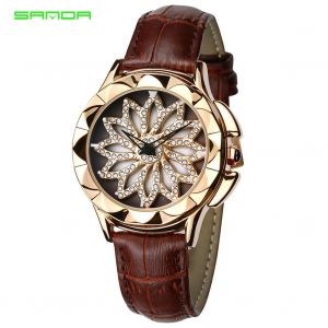 Montre-Bracelet Analogique Ronde A Quartz Pour Femme Avec Bracelet En Cuir Et Strass (Bracelet Marron) - Neuf