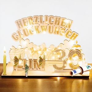 Trahoo-Cadeau D'anniversaire 30 Ans Pour Femme/Homme U2013 Cadeau D'argent En Bois Avec Guirlande Lumineuse Led, D&eacute;coration Diy Pour F&ecirc;te D'anniversaire De 30 Ans U2013 Puzzle 3d Personnalisable Av - Neuf