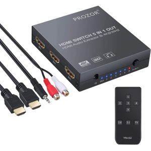 KALANKA-Convertisseur HDMI 5x1 Commutateur HDMI Switch 4K 3D avec Extracteur Audio Optique Analogique Toslink SPDIF Sortie avec Câble Optique Câble de 3,5mm à 2 RCA Câbles - Neuf