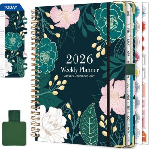 JEXNOVASHOP-Agenda 2026 Semainier Spirale de Janvier &agrave; D&eacute;cembre 2026 (12 mois) A5 Agenda Scolaire Avec boucle de stylo,R&egrave;gle Signet & Autocollants de plan (Vert et rosa) - Neuf