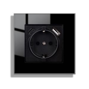 Prise en verre avec USB encastr&eacute; noir, port USB A et type C max. 2,1 A, vitre en verre tremp&eacute; 16 A - Prise 86 mm x 86 mm - 1 compartiment - 250 V - Neuf