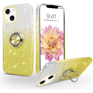 Kal-Coque Iphone 14 Avec Anneau Rotatif 360° Support De Voiture Magnétiqu, Paillettes Scintillantes Brillantes Etui Protection À Anti-Rayure Antichoc Housse Pour Iphone 14 6.1'', Dégradé Jaune - Neuf