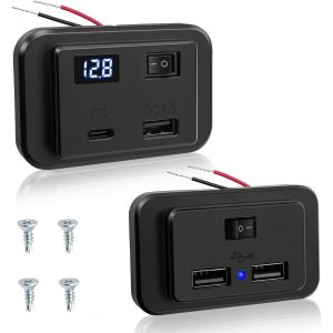 Prise De Chargeur Usb C De Voiture Interrupteur Et Voltm&egrave;tre Led 40W Pd2.0+Qc3.0,12V-24V Panneau De 4.8A Double Usb Charge Rapide Adaptateur Pour Bateau Camping Car Moto Camion Accessoire - Neuf