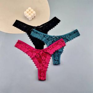 3pcs Women Lace Thong Underwear Pack Transparent Mid-Waist Underpants Female Briefs Ruffles G-Strings Plus Size.L.Black Green Winered - Neuf