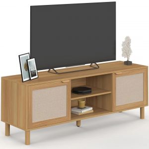 Meuble TV 140 cm ROBIN 2 portes bois et effet lin - Neuf