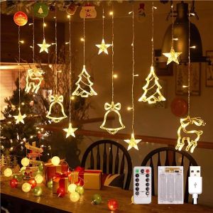 KAL-Rideau Lumineux De Noël, Guirlandes Lumineuse Fenêtre, 3.5M 120 Led 8 Modes Noël Fenêtre Lumineux Étoile Ip44 Pour Exterieur Interieur Chambre Fenetre Mariage Noël Déco (Renne Sapin Cloche) - Neuf